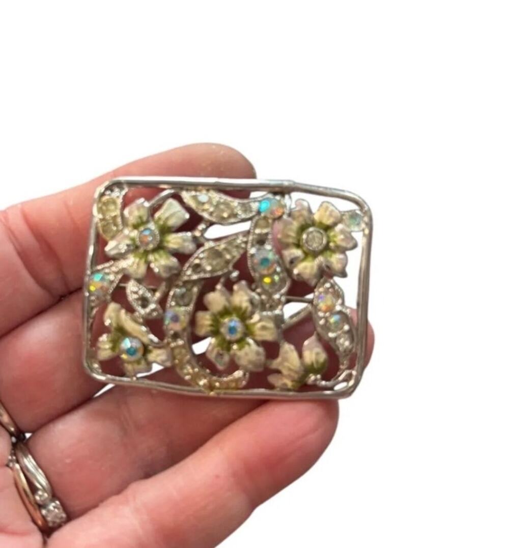 Vintage Rhinestone Floral Brooch Silver Tone Enamel Flower Openwork Statement